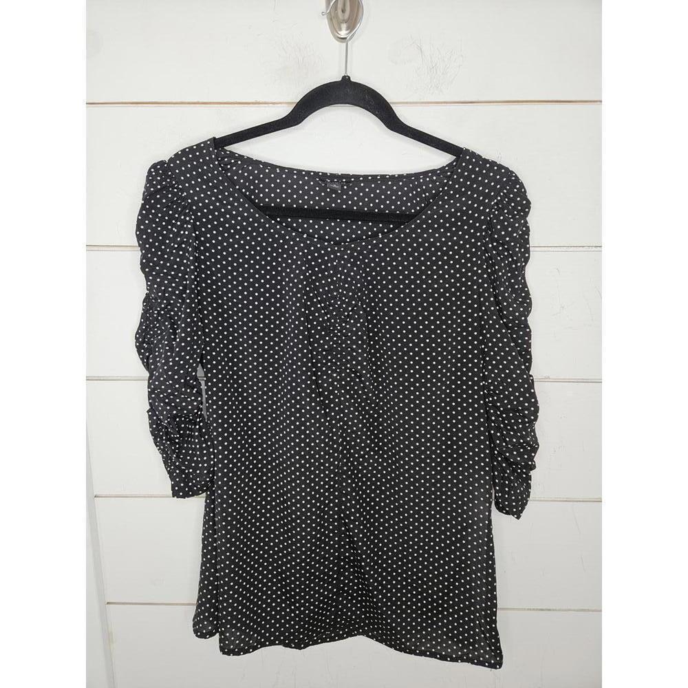 Ann Taylor size 8 black & white dot ruched sleeve silk blouse